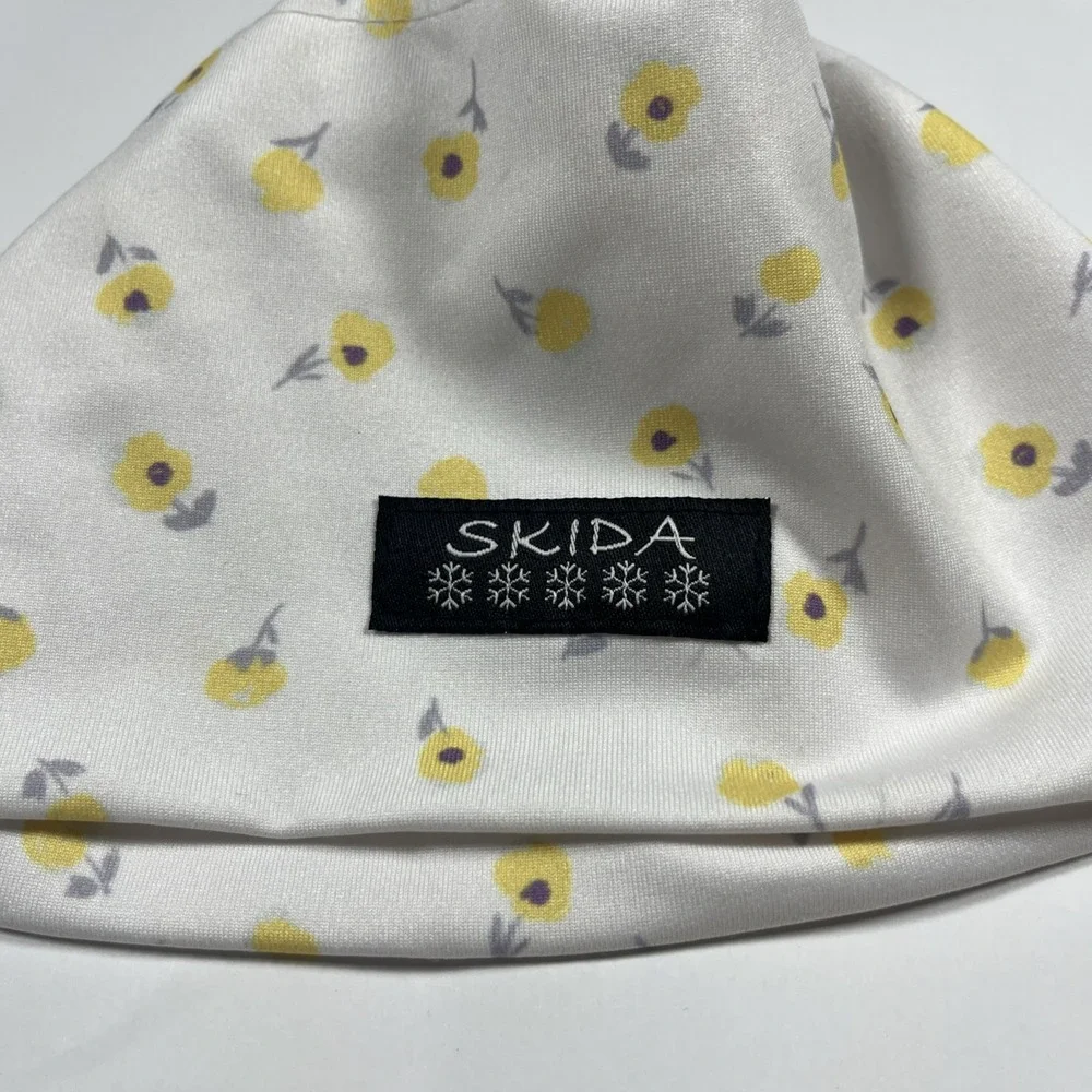Baby Toddler Skida Hat-Fleece Lined Winter Beanie- White With Yellow Flowers